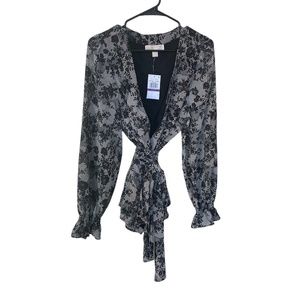 Michael Michael Kors Bone Black Chantilly Wrap Tie-Waist Long Sleeve Blouse